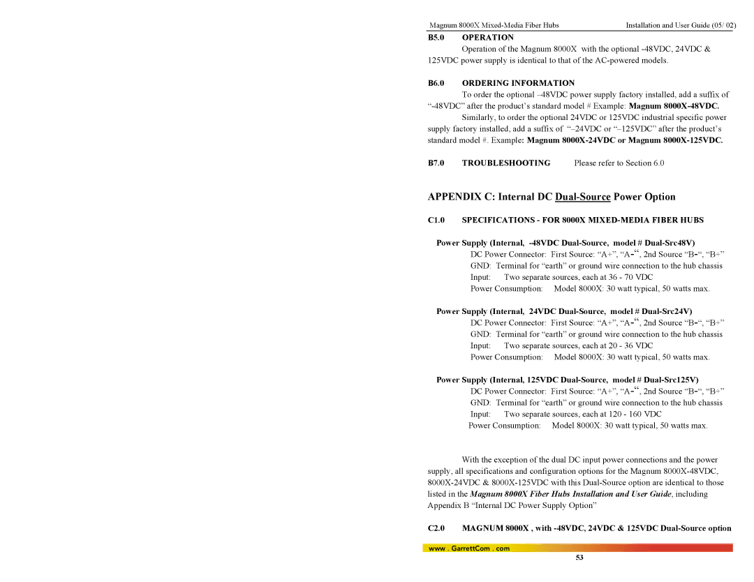 GarrettCom 8000X manual B5.0, Operation, B6.0 Ordering Information, B7.0, Please refer to Section 