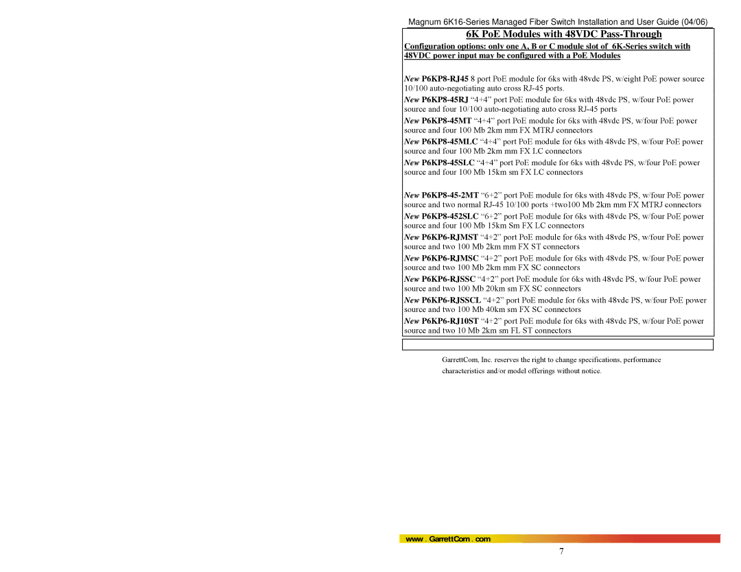 GarrettCom 84-00136 manual 6K PoE Modules with 48VDC Pass-Through 