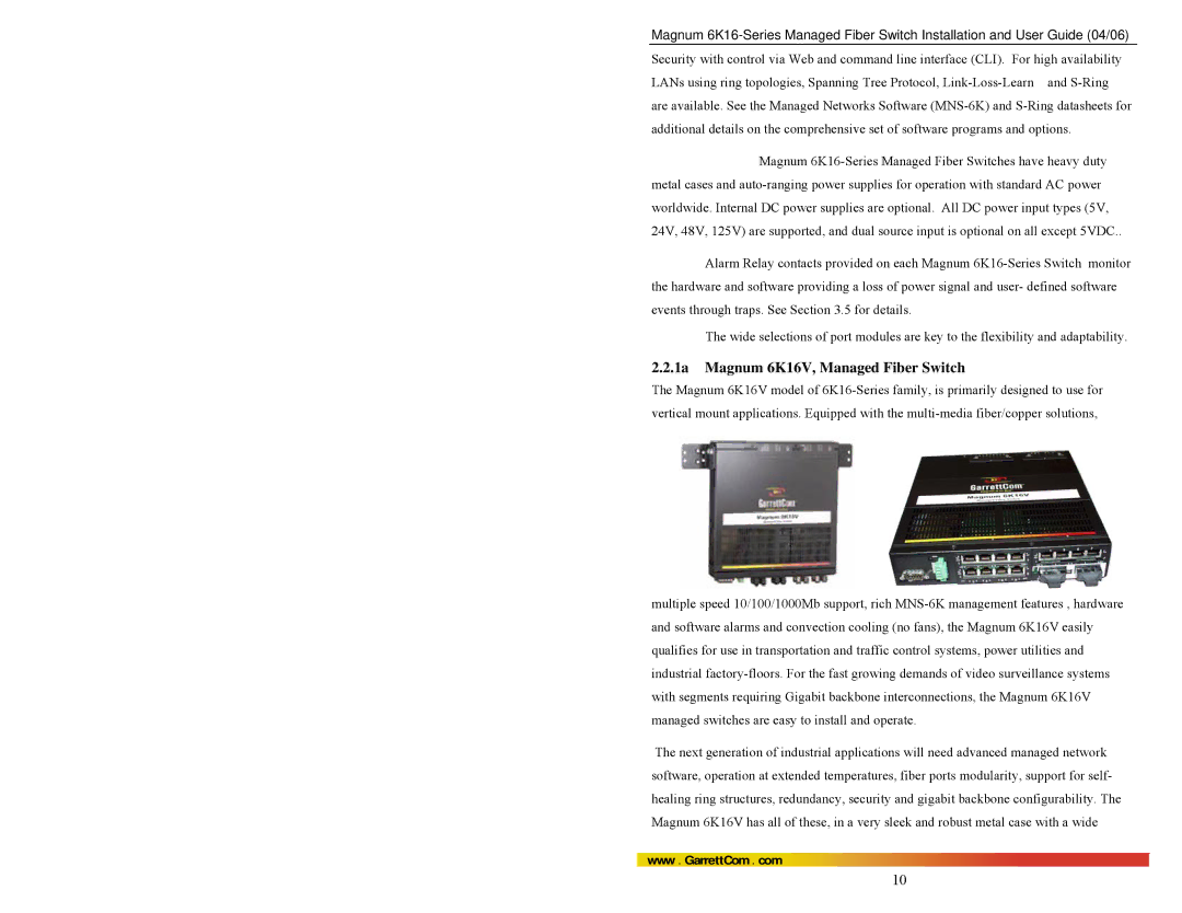 GarrettCom 84-00136 manual 1a Magnum 6K16V, Managed Fiber Switch 