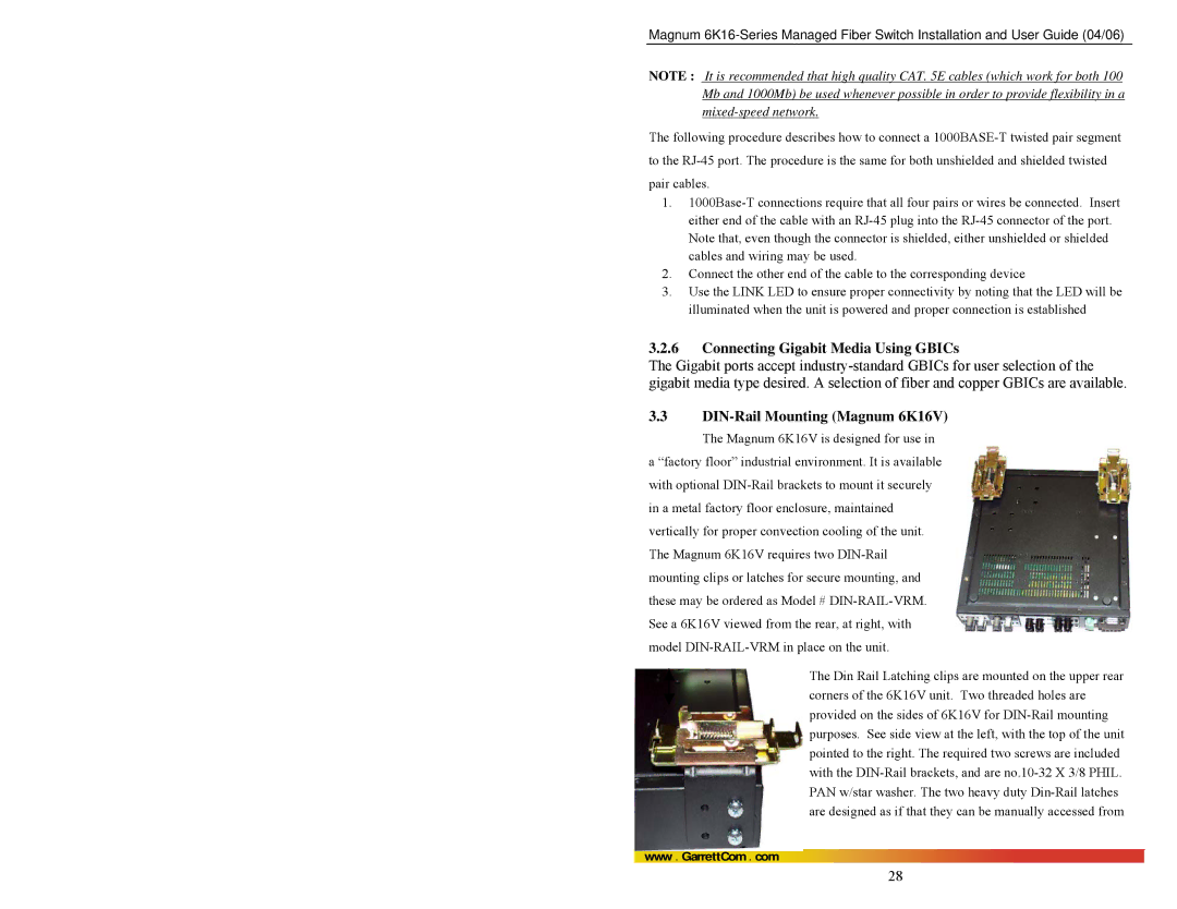 GarrettCom 84-00136 manual Connecting Gigabit Media Using GBICs, DIN-Rail Mounting Magnum 6K16V 