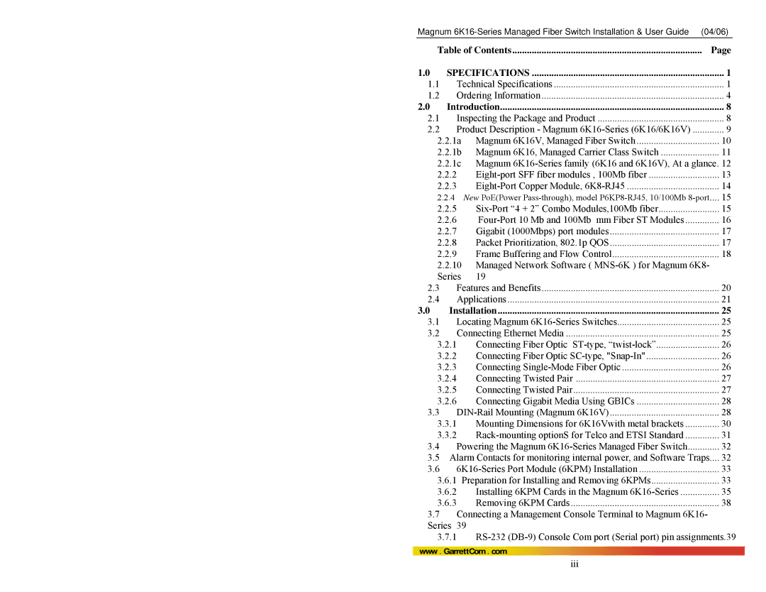 GarrettCom 84-00136 manual Table of Contents, Introduction, Installation 