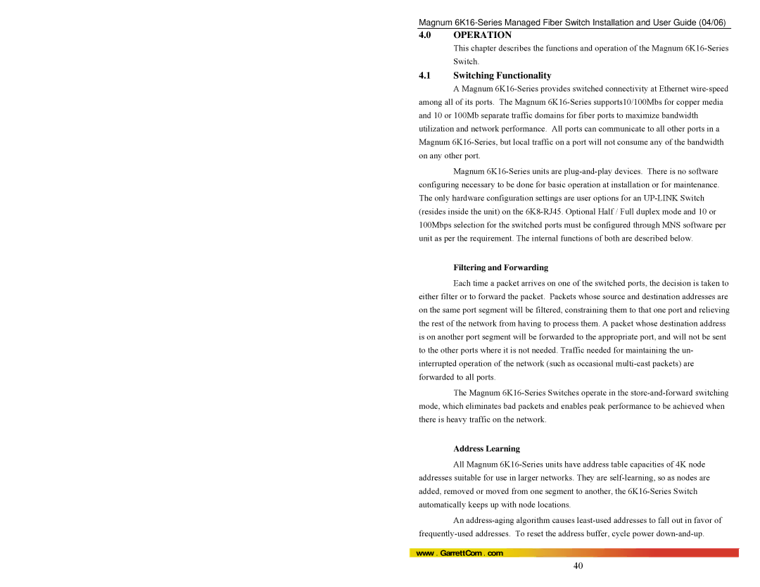 GarrettCom 84-00136 manual Switching Functionality, Filtering and Forwarding, Address Learning 