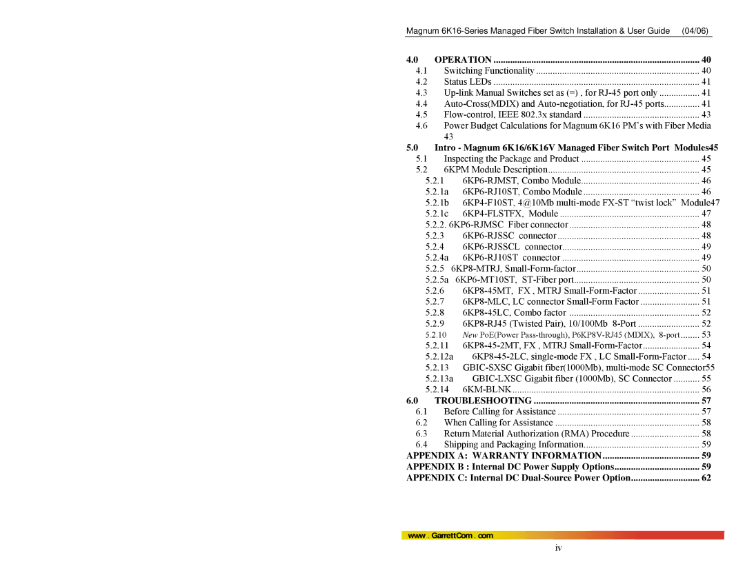 GarrettCom 84-00136 manual Operation, Intro Magnum 6K16/6K16V Managed Fiber Switch Port Modules45 