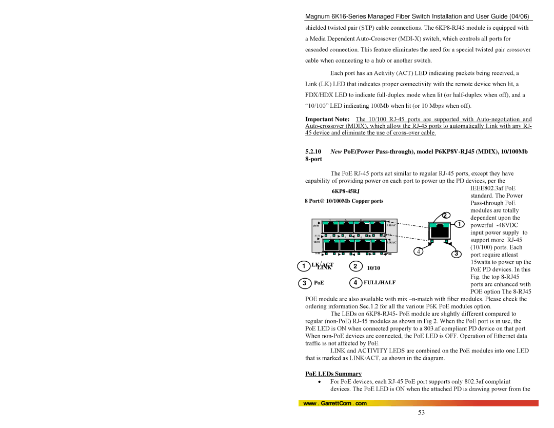 GarrettCom 84-00136 manual Fig. the top 8-RJ45, PoE LEDs Summary 