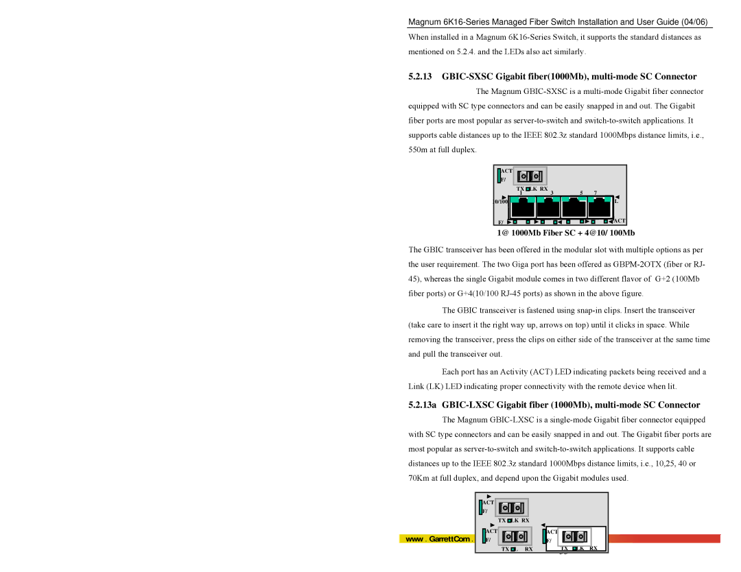 GarrettCom 84-00136 manual GBIC-SXSC Gigabit fiber1000Mb, multi-mode SC Connector 