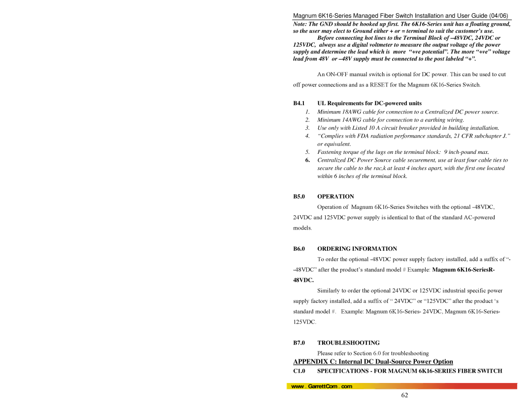 GarrettCom 84-00136 manual B5.0 Operation, B6.0 Ordering Information, B7.0 Troubleshooting 