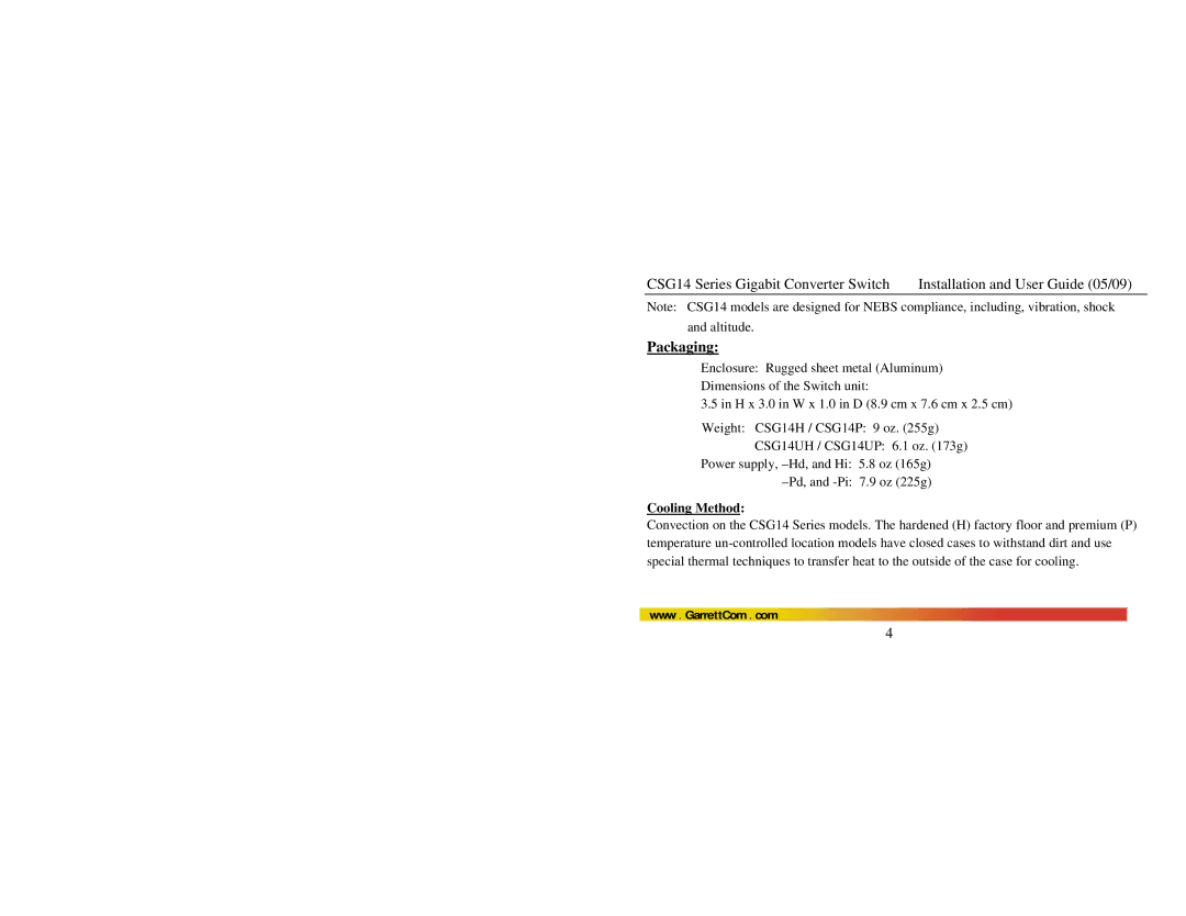GarrettCom CSG14U manual Packaging, Cooling Method 
