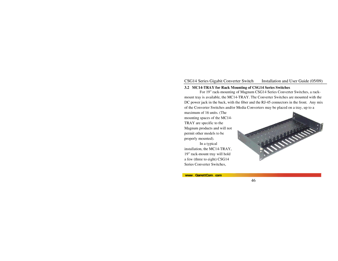 GarrettCom CSG14U manual MC14-TRAY for Rack Mounting of CSG14 Series Switches 