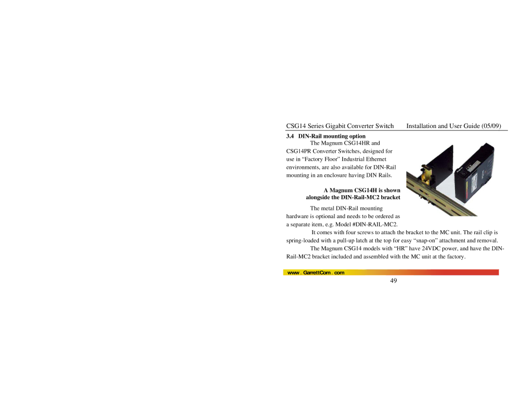 GarrettCom manual DIN-Rail mounting option The Magnum CSG14HR, Magnum CSG14H is shown alongside the DIN-Rail-MC2 bracket 