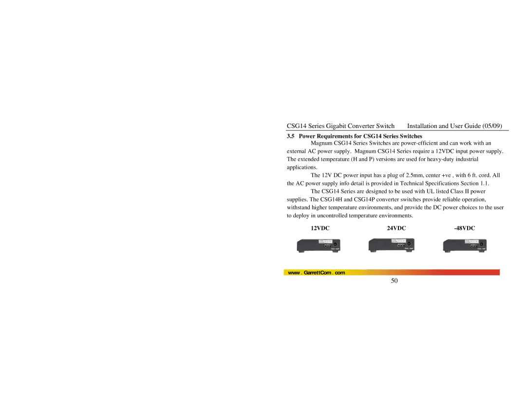 GarrettCom CSG14U manual Power Requirements for CSG14 Series Switches, 48VDC 