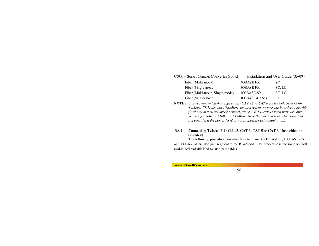 GarrettCom CSG14U manual 100BASE-FX 
