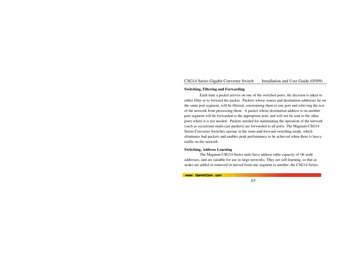 GarrettCom CSG14U manual Switching, Filtering and Forwarding, Switching, Address Learning 