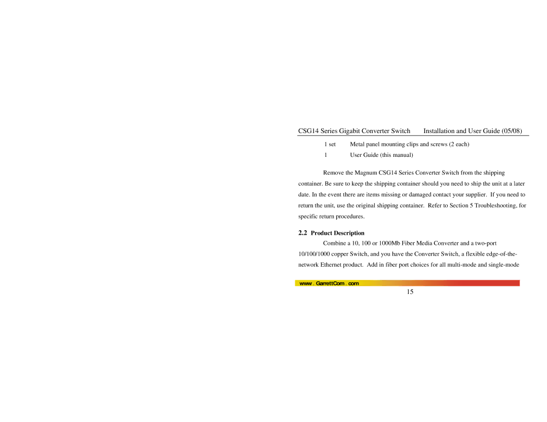 GarrettCom CSG14 manual Product Description 