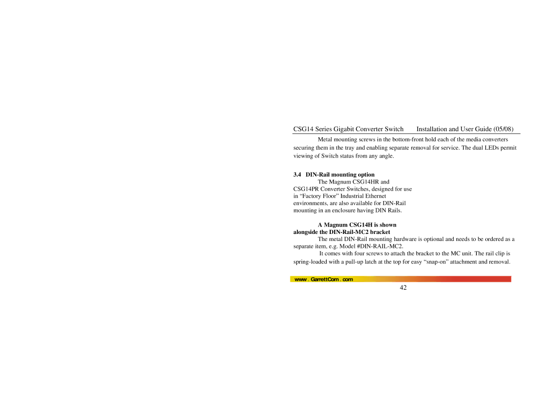 GarrettCom manual DIN-Rail mounting option The Magnum CSG14HR, Magnum CSG14H is shown alongside the DIN-Rail-MC2 bracket 