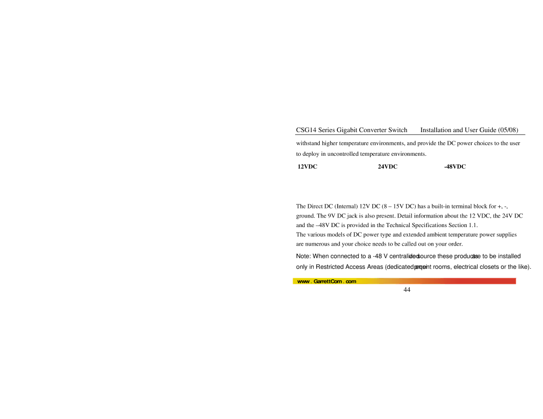 GarrettCom CSG14 manual 12VDC 24VDC, 48VDC 