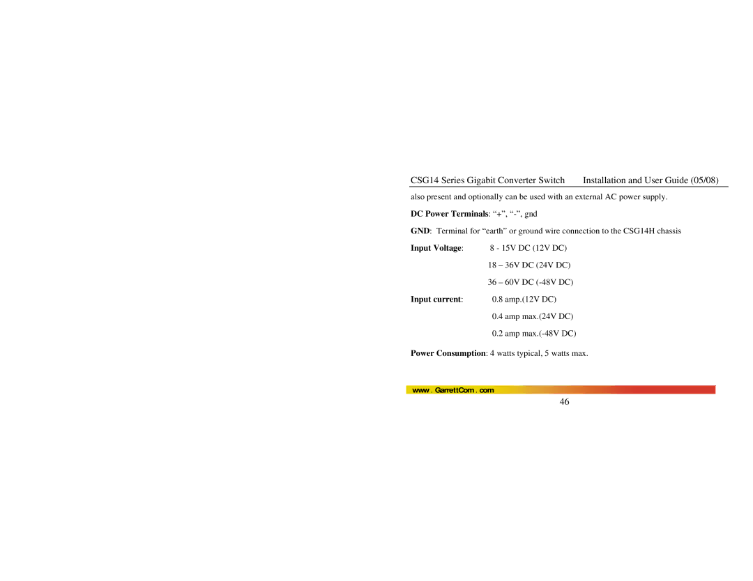 GarrettCom CSG14 manual DC Power Terminals +, -, gnd, Input Voltage, Input current 