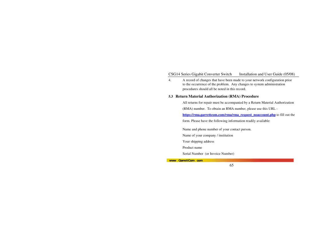 GarrettCom CSG14 manual Return Material Authorization RMA Procedure 