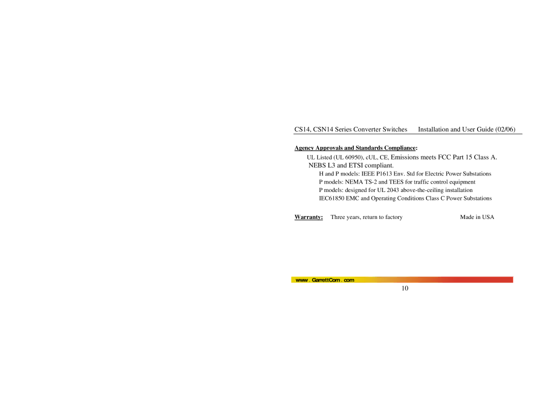 GarrettCom CS14, CSN14 manual Agency Approvals and Standards Compliance 