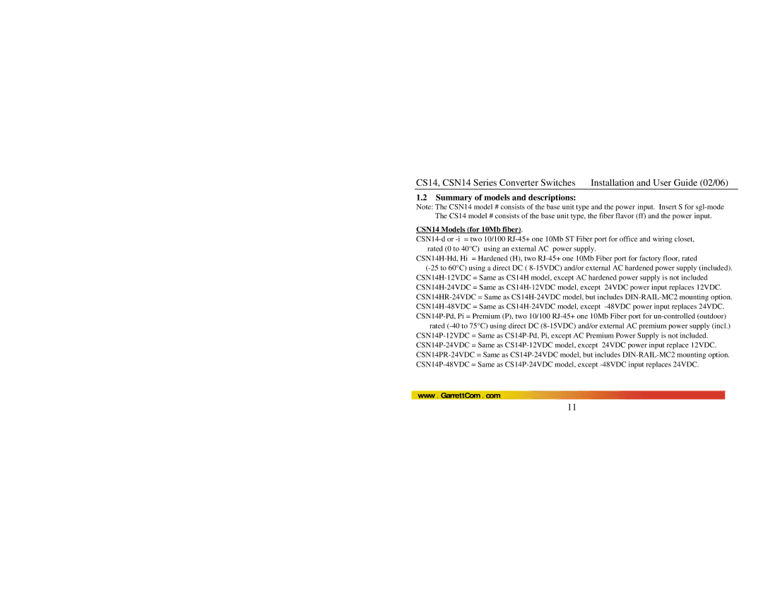 GarrettCom CS14 manual Summary of models and descriptions, CSN14 Models for 10Mb fiber 