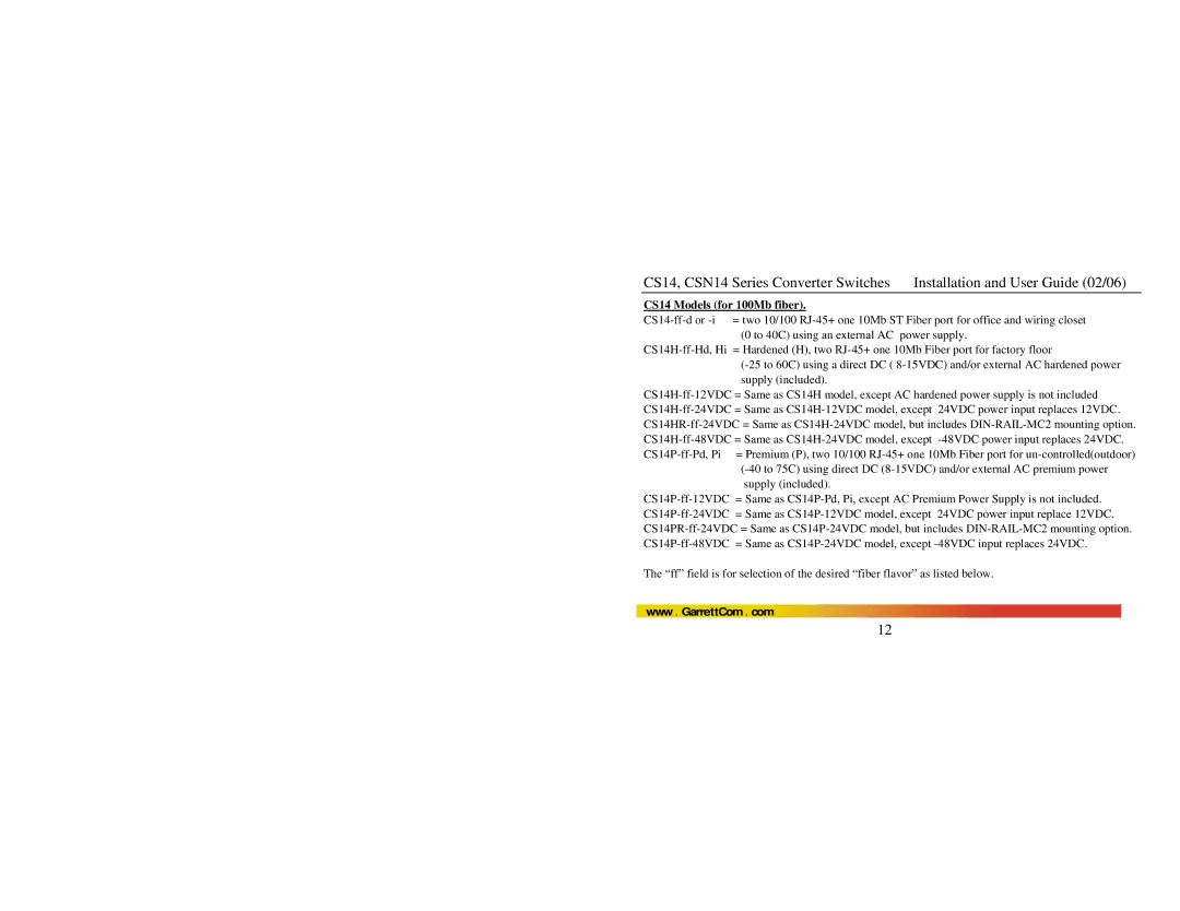 GarrettCom CSN14 manual CS14 Models for 100Mb fiber 