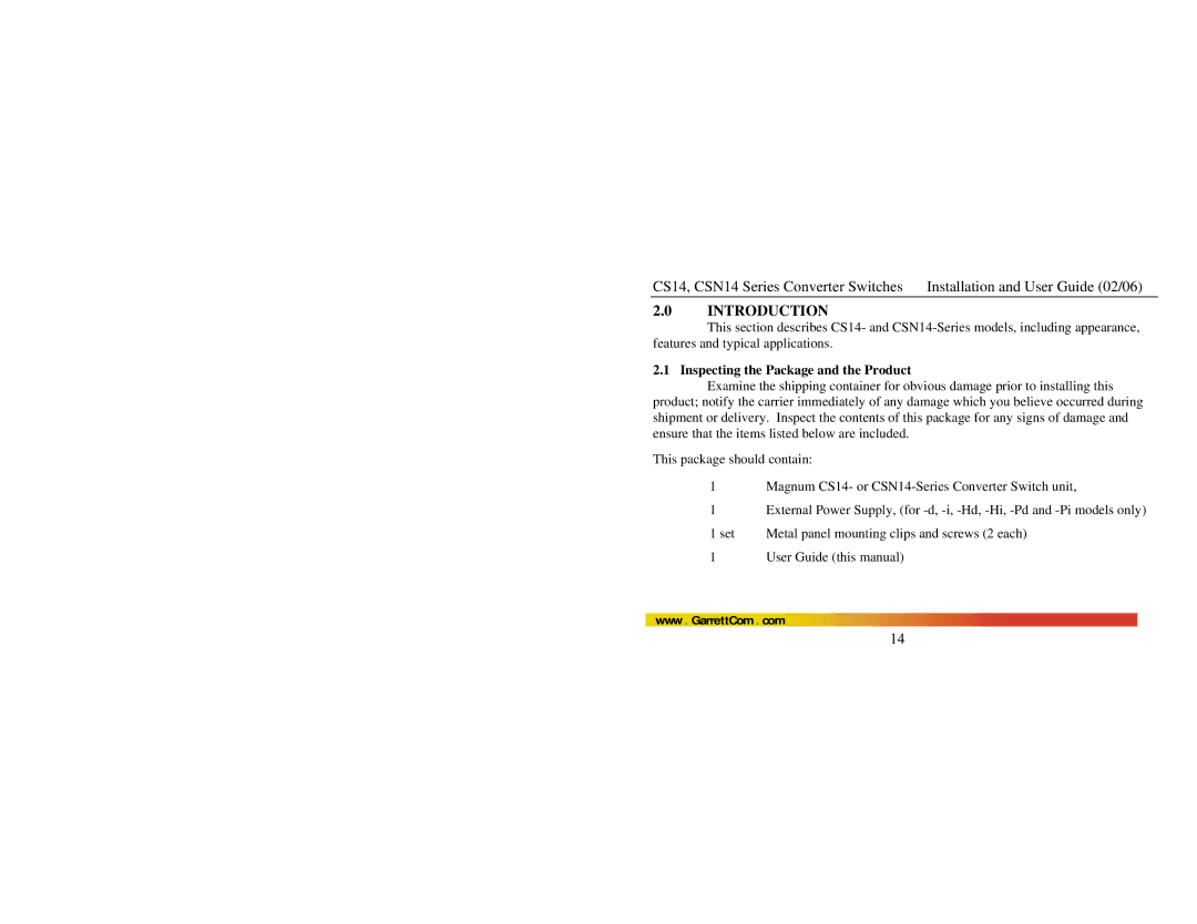 GarrettCom CS14, CSN14 manual Inspecting the Package and the Product 