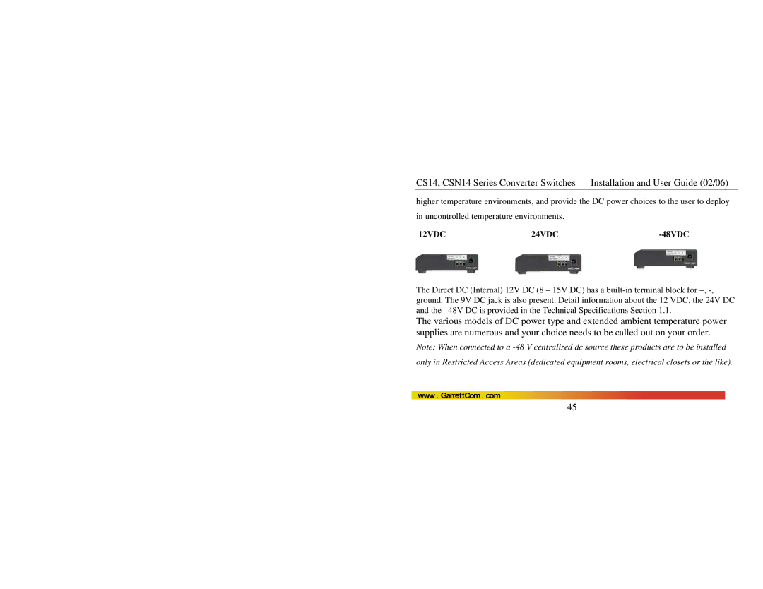 GarrettCom CSN14, CS14 manual 12VDC 24VDC, 48VDC 