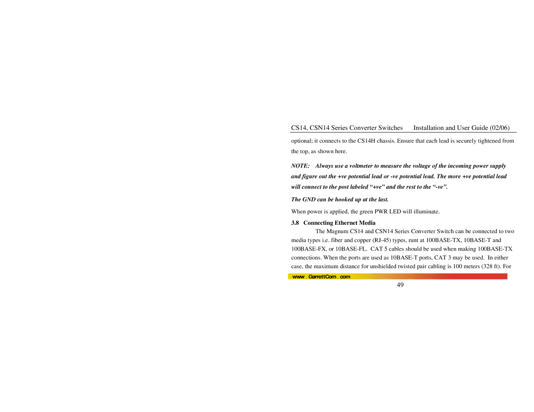 GarrettCom CSN14, CS14 manual GND can be hooked up at the last, Connecting Ethernet Media 