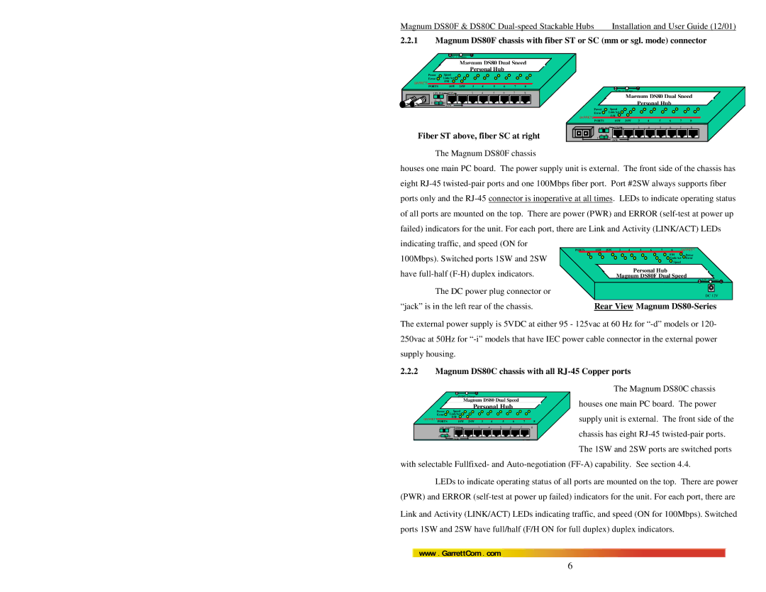 GarrettCom DS80F manual Fiber ST above, fiber SC at right, Magnum DS80C chassis with all RJ-45 Copper ports 