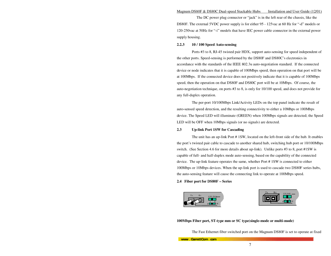 GarrettCom DS80C manual 3 10 / 100 Speed Auto-sensing, Up-link Port 1SW for Cascading, Fiber port for DS80F Series 