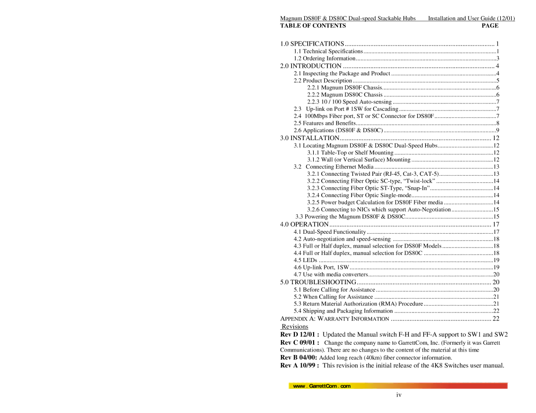 GarrettCom DS80C, DS80F manual Specifications 