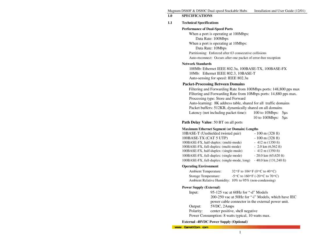 GarrettCom DS80F, DS80C Technical Specifications Performance of Dual-Speed Ports, Network Standards, Operating Environment 