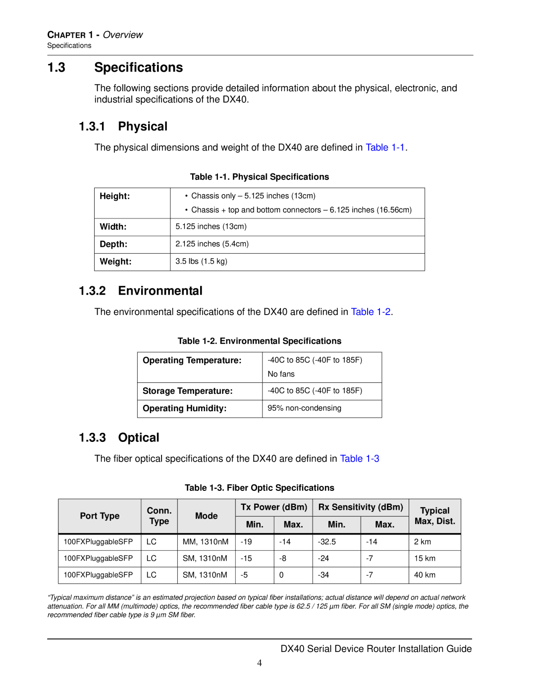 GarrettCom DX40 manual Specifications, Physical, Environmental, Optical 