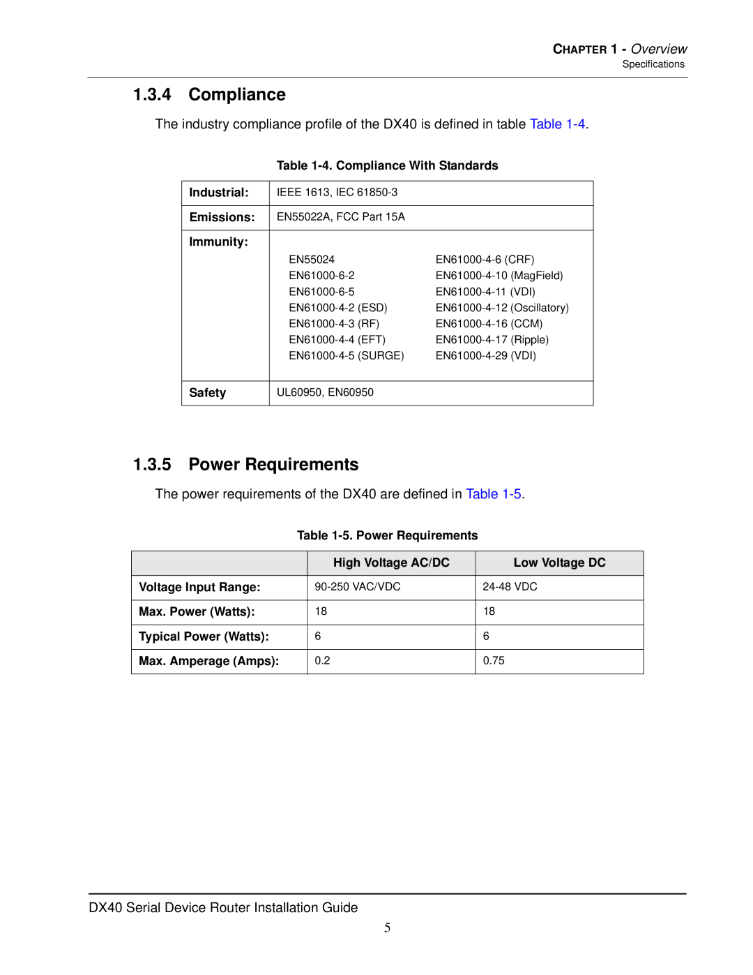 GarrettCom DX40 manual Compliance, Power Requirements 