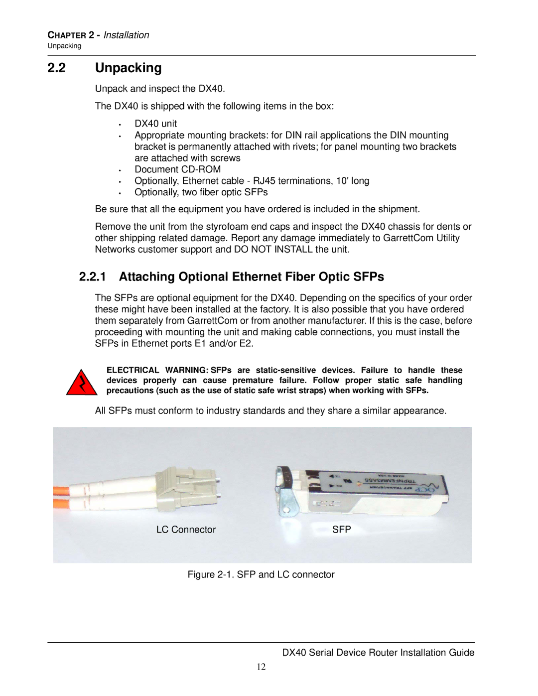 GarrettCom DX40 manual Unpacking, Attaching Optional Ethernet Fiber Optic SFPs 