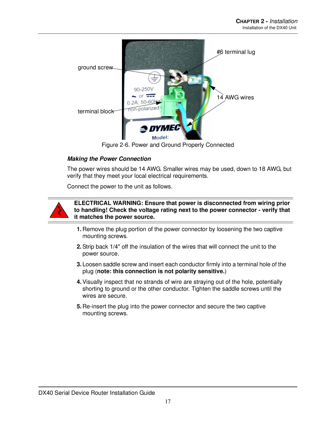 GarrettCom DX40 manual Making the Power Connection 