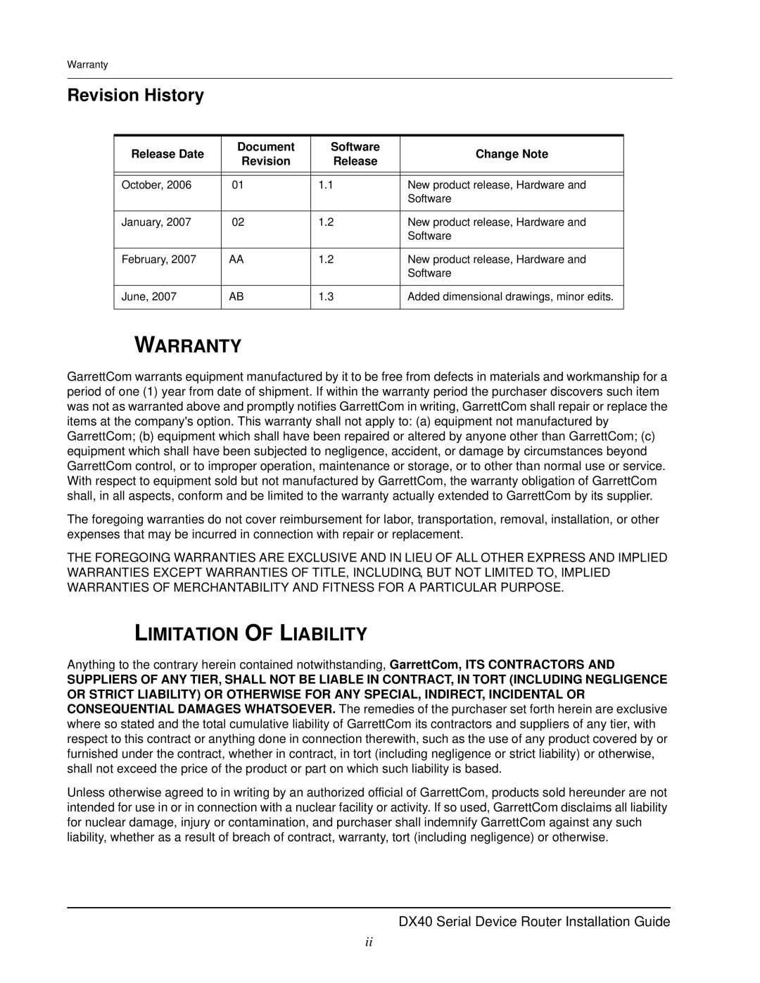 GarrettCom DX40 Revision History, Warranty, Limitation of Liability, Release Date Document Software Change Note Revision 