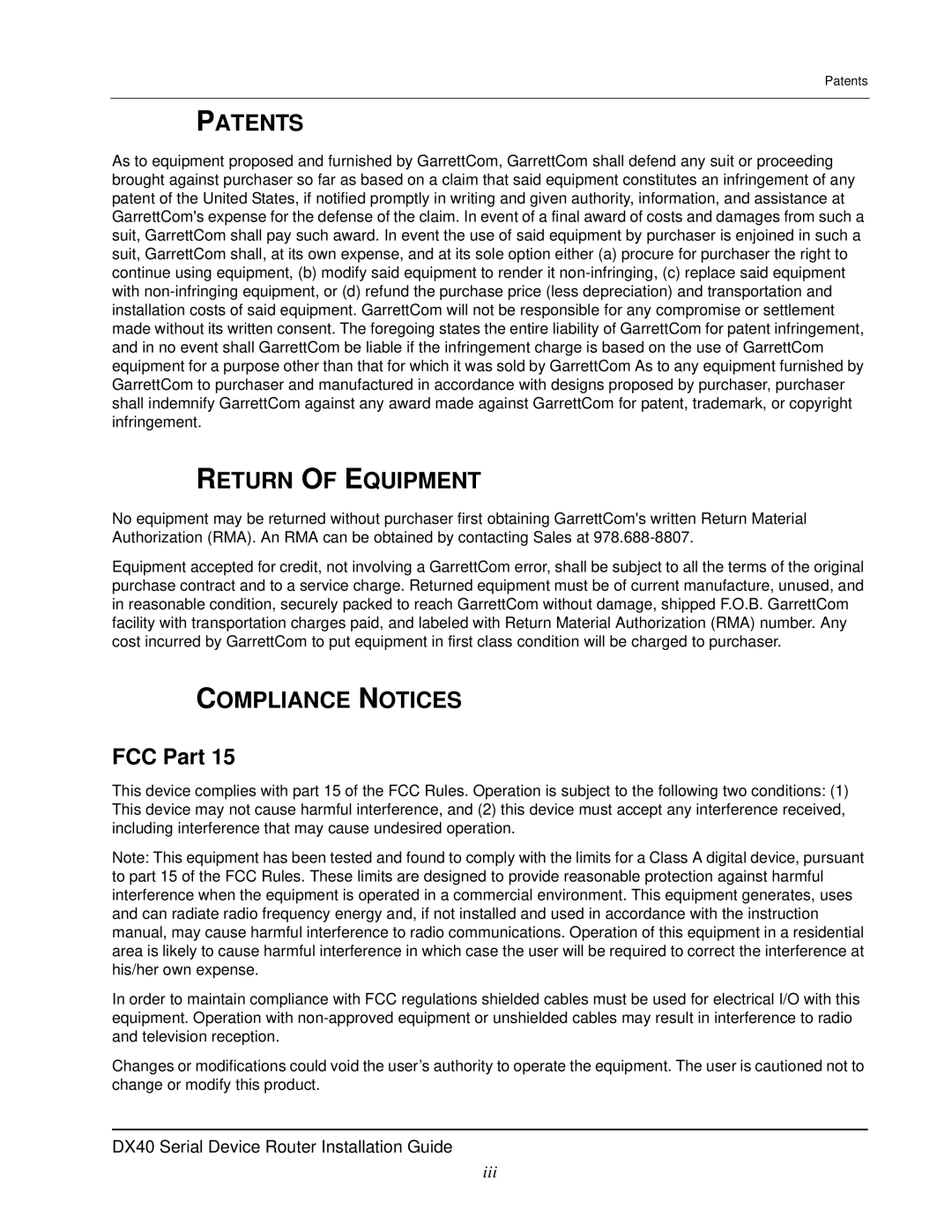 GarrettCom DX40 manual Patents, Return of Equipment, Compliance Notices, FCC Part 