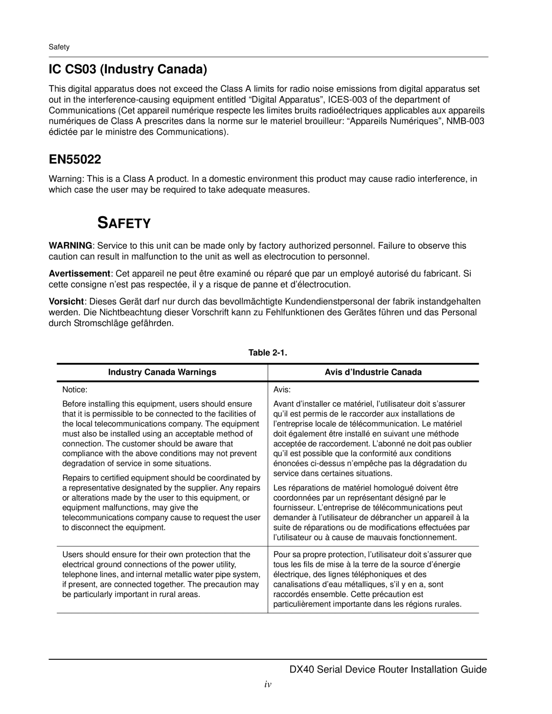 GarrettCom DX40 manual IC CS03 Industry Canada, EN55022, Safety, Industry Canada Warnings Avis d’Industrie Canada 