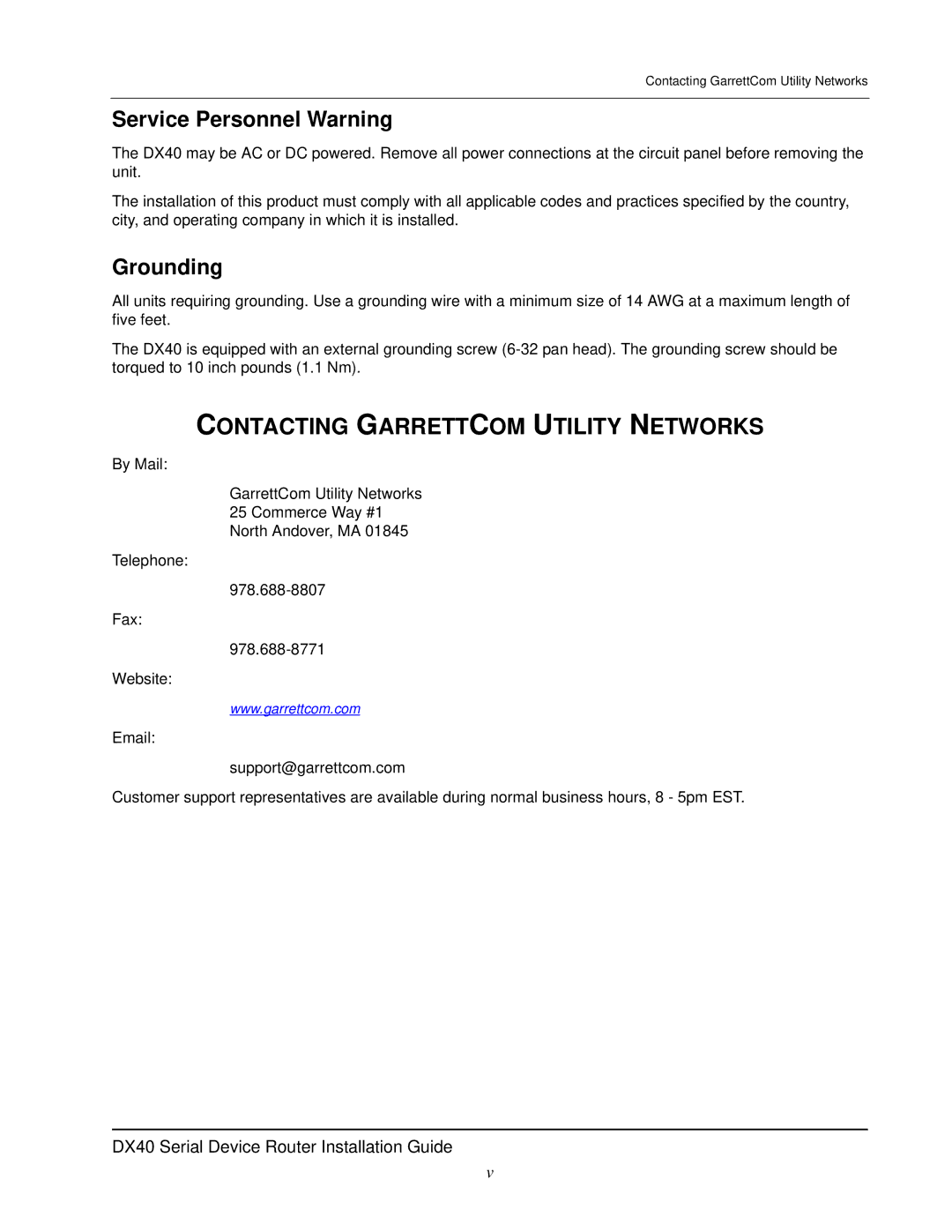 GarrettCom DX40 manual Service Personnel Warning, Grounding, Contacting Garrettcom Utility Networks 