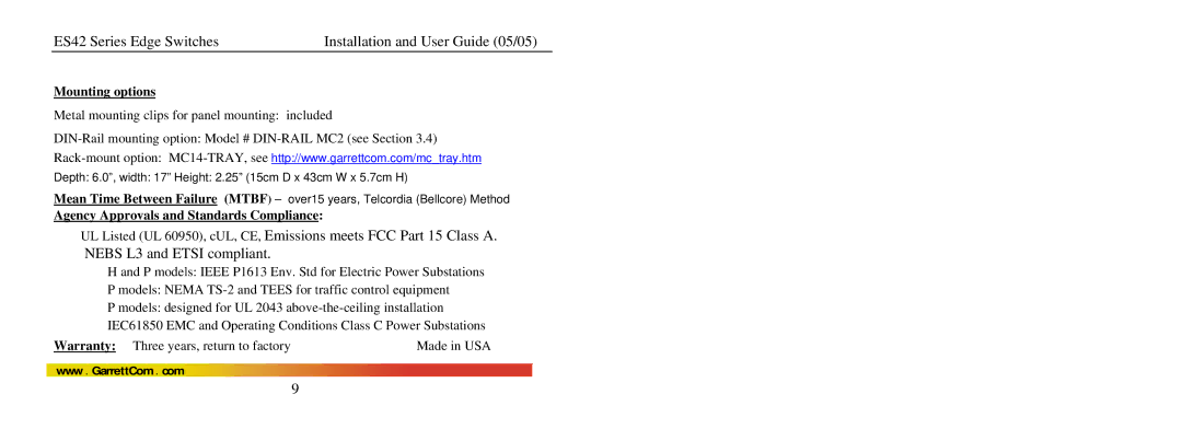 GarrettCom ES42 manual Mounting options, Agency Approvals and Standards Compliance 