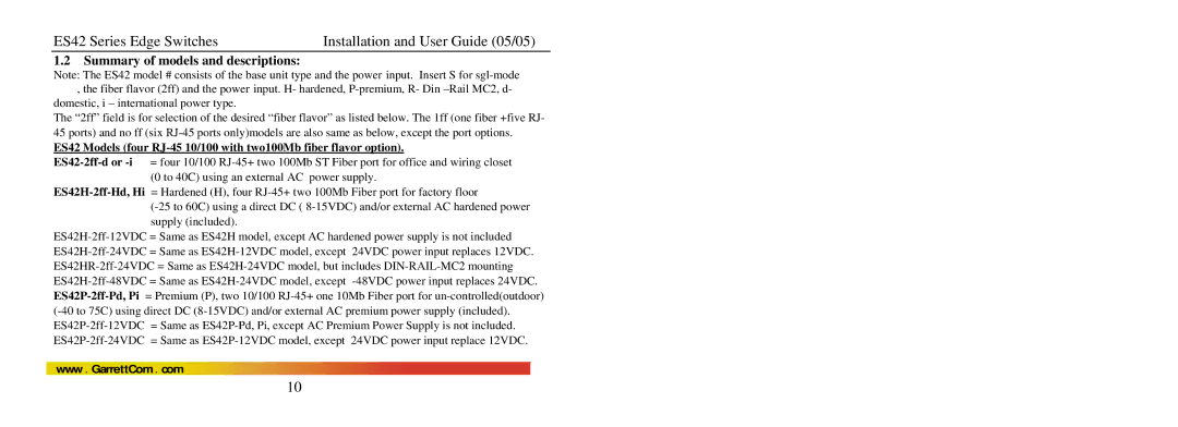 GarrettCom ES42 manual Summary of models and descriptions 