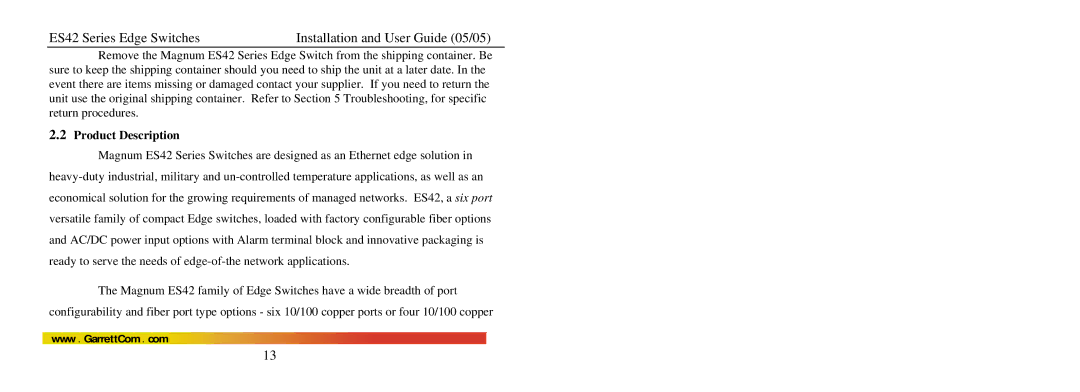 GarrettCom ES42 manual Product Description 