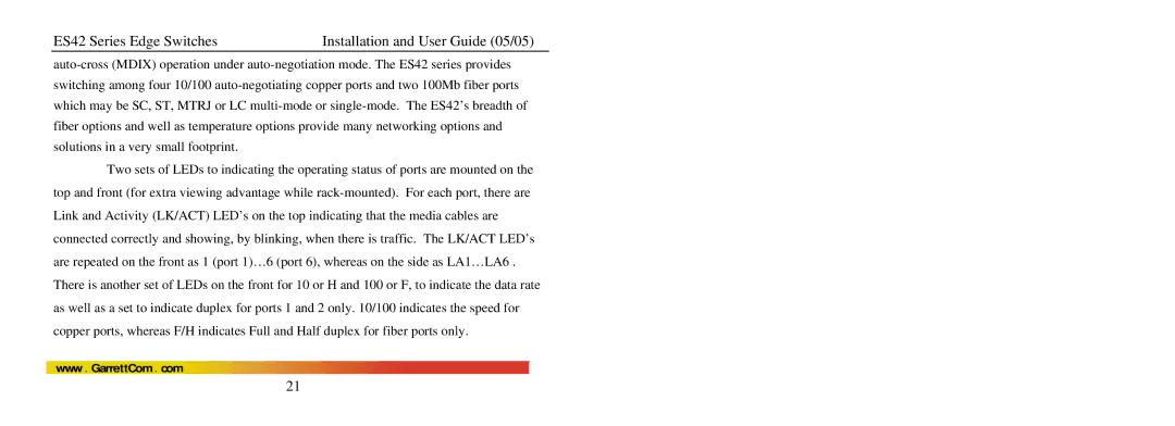 GarrettCom manual ES42 Series Edge Switches Installation and User Guide 05/05 