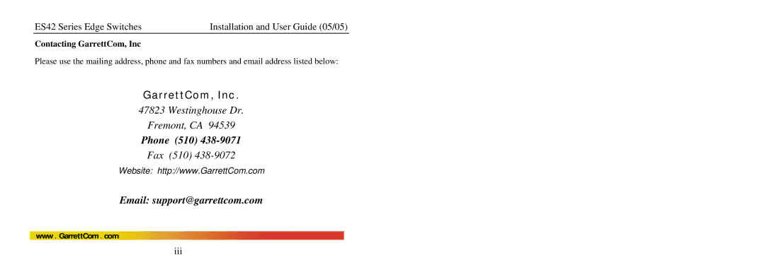 GarrettCom ES42 manual Contacting GarrettCom, Inc 