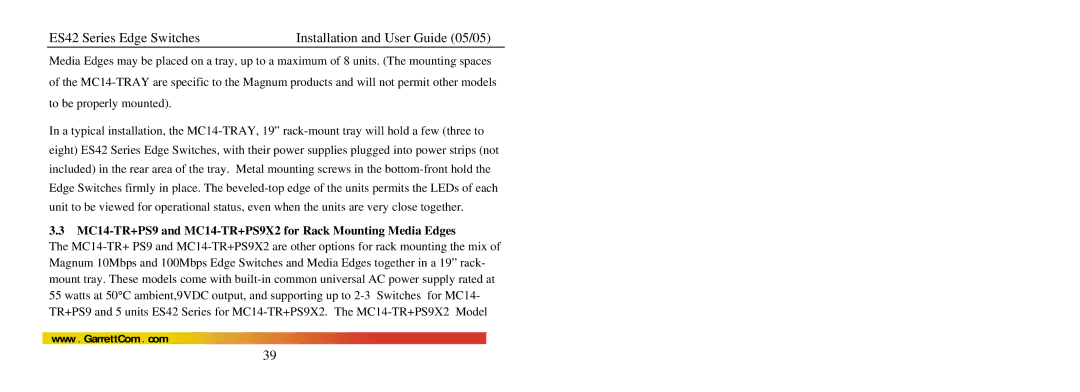 GarrettCom ES42 manual MC14-TR+PS9 and MC14-TR+PS9X2 for Rack Mounting Media Edges 