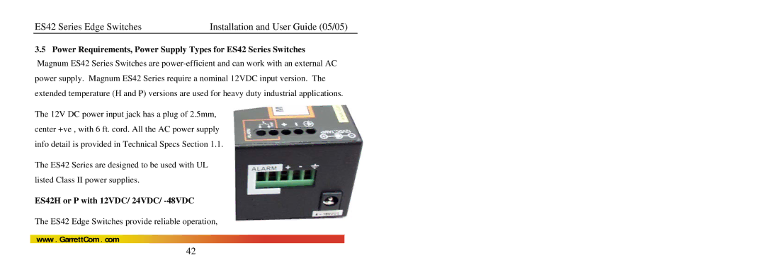 GarrettCom manual ES42H or P with 12VDC/ 24VDC/ -48VDC 