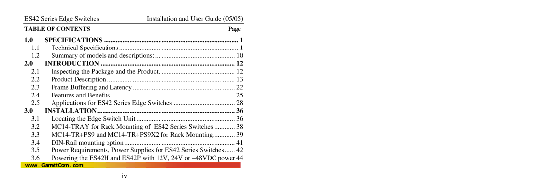 GarrettCom ES42 manual Specifications 