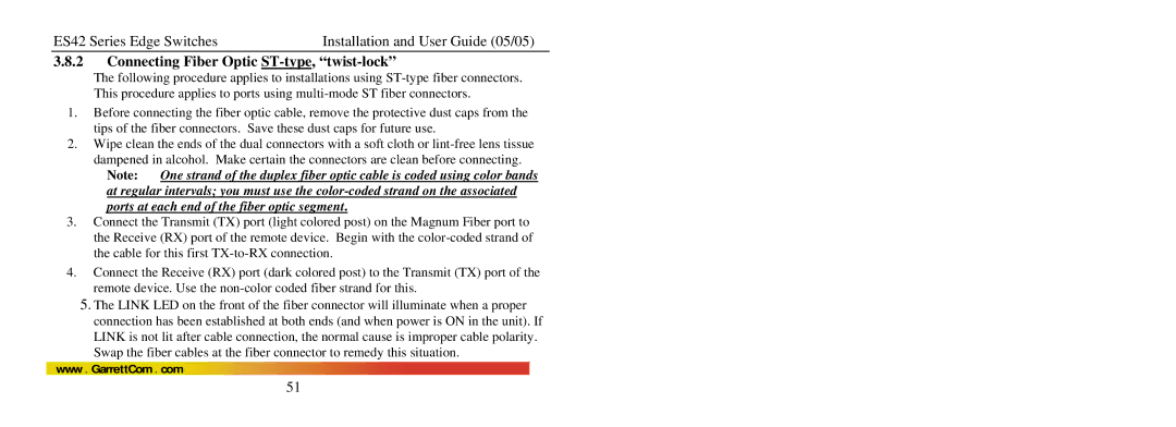 GarrettCom ES42 manual Connecting Fiber Optic ST-type, twist-lock 