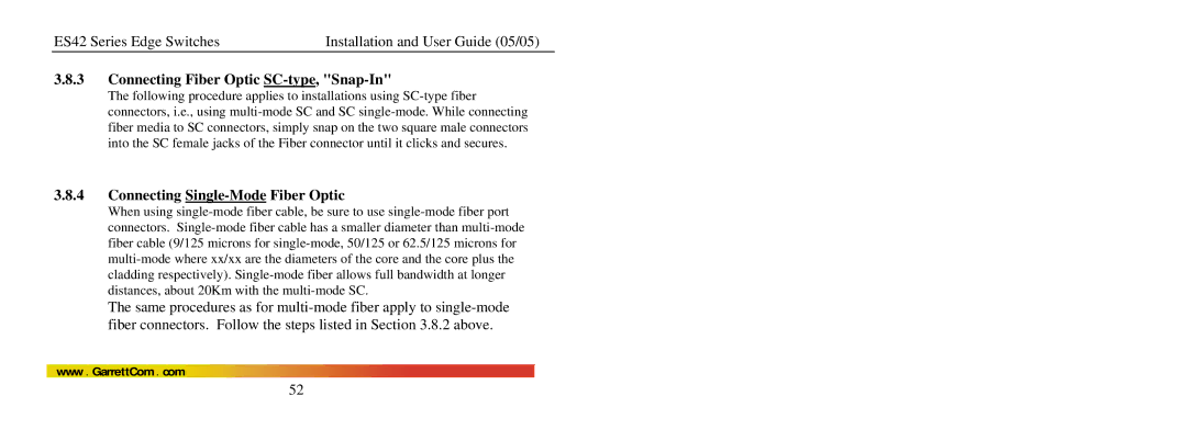 GarrettCom ES42 manual Connecting Fiber Optic SC-type, Snap-In, Connecting Single-Mode Fiber Optic 