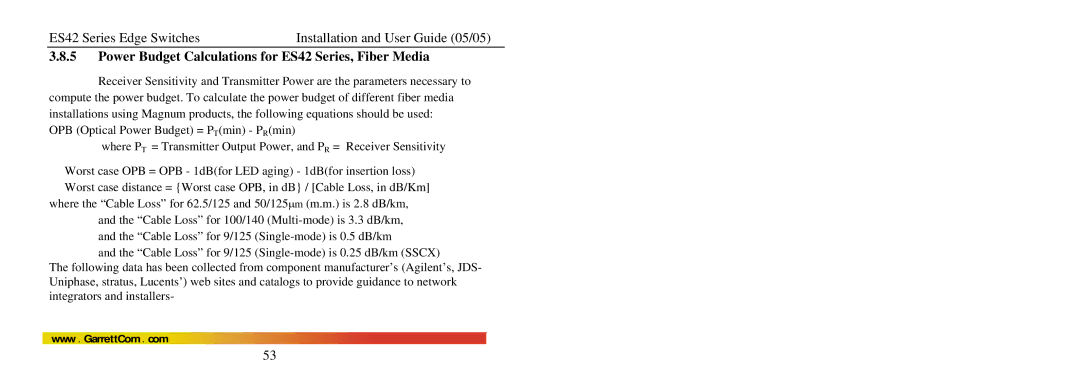 GarrettCom manual Power Budget Calculations for ES42 Series, Fiber Media 